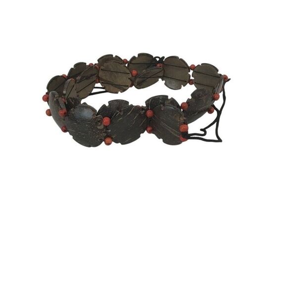 No Brand Accessories - VTG EXOTIC DARK WOOD ORANGE BEEDS CONCHO BELT CONNECTING ROPE CORD DESIGN